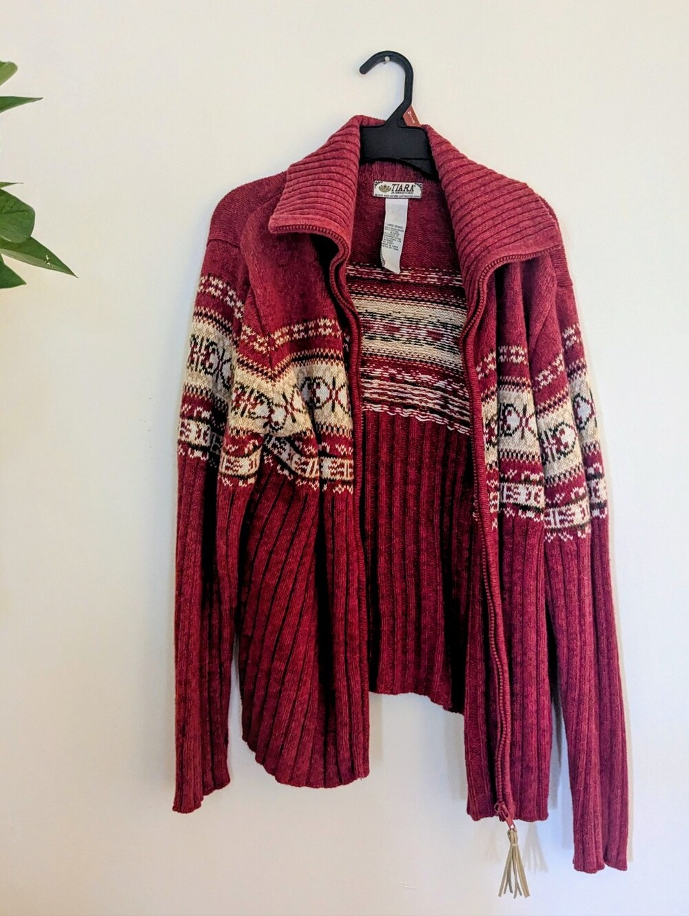 Tiara Women's Burgundy Zip-Up Fair Isle Sweater